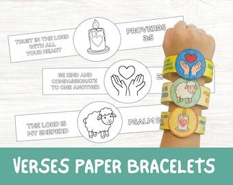 Bible Verses Printable Paper Bracelets Bundle Craft, Kids Sunday School Coloring Activity, Bible Study Lesson Coloring Craft for Church