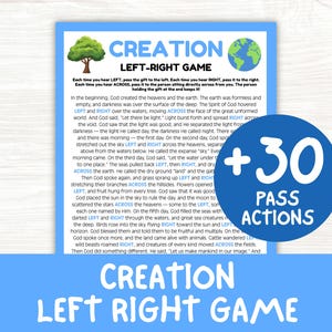 May include: A printable Creation Left-Right game sheet with a blue border, featuring a tree and globe icon, the title CREATION LEFT-RIGHT GAME, a story text with highlighted directional words, and a blue circle badge stating +30 PASS ACTIONS.