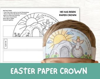 Easter Printable Paper He Is Risen Crown Craft, Kids Sunday School Coloring Activity, Holy Week Palm Sunday Coloring Craft for Church