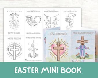 Easter Story Mini Book Printable, Kids Sunday School Coloring Activity, Holy Week, Palm Sunday and He is Risen Coloring Craft for Church