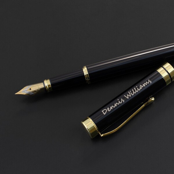 Personalized Black & Gold Fountain Pen Set: Engraved Pen with Gift Box