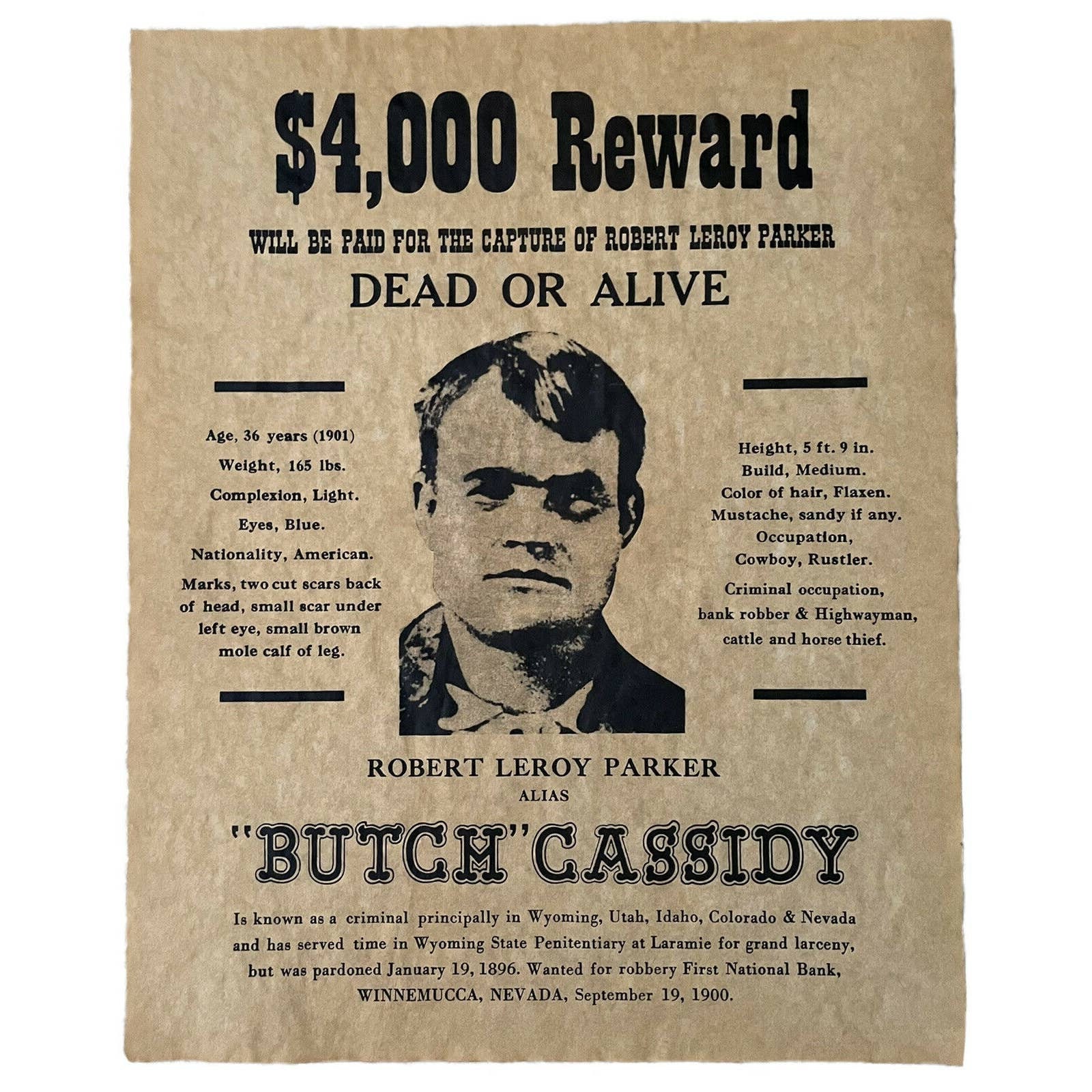 Old Wild West Wanted Poster Parchment Paper Reproduction Butch | Etsy