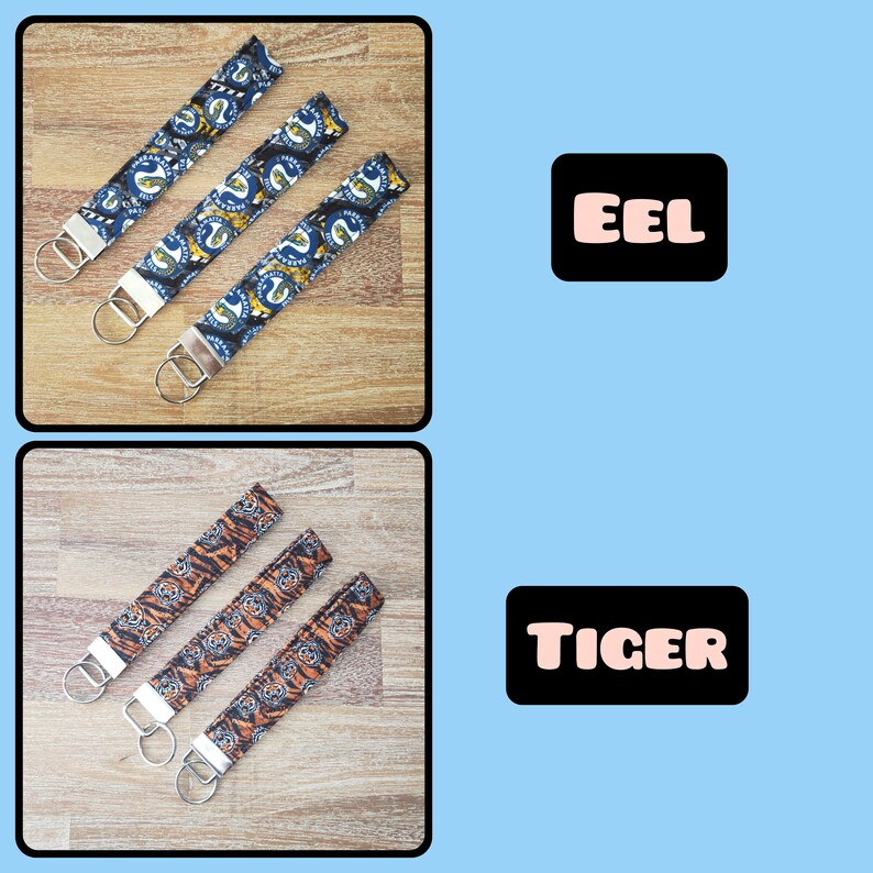 May include: Three keychains with different animal prints. The top row features three blue and white keychains with an eel print. The bottom row features three orange and black keychains with a tiger print. The word "EEL" is written in pink on a black rectangle above the top row of keychains. The word "TIGER" is written in pink on a black rectangle above the bottom row of keychains.