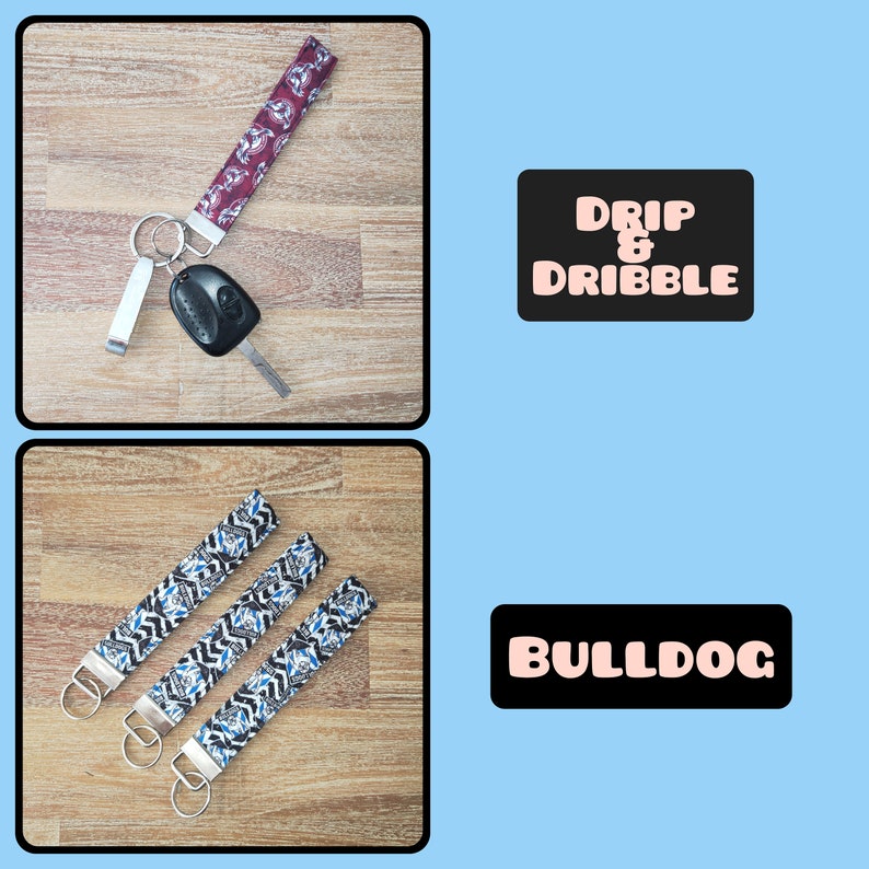 May include: Three keychains with different patterns. The first keychain is red and white with a black and white pattern. The second and third keychains are blue and white with a black and white pattern. The text "DRIP & DRIBBLE" is on a black rectangle with pink text. The text "BULLDOG" is on a black rectangle with pink text.