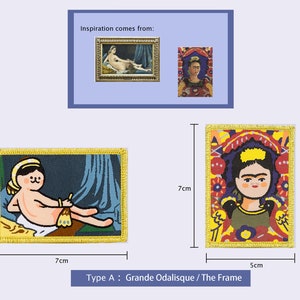 Peut inclure: Deux patchs brod&eacute;s, l'un repr&eacute;sentant une version cartoon du tableau "La Grande Odalisque" d'Ingres, et l'autre repr&eacute;sentant une version cartoon d'un autoportrait de Frida Kahlo. Les patchs mesurent 7 cm sur 5 cm.