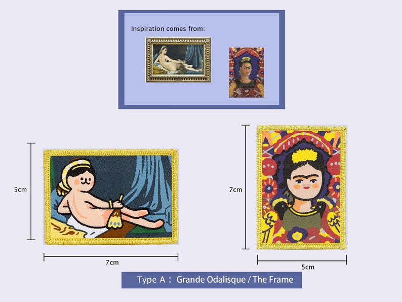 Peut inclure: Deux patchs brod&eacute;s, l'un repr&eacute;sentant une version cartoon du tableau "La Grande Odalisque" d'Ingres, et l'autre repr&eacute;sentant une version cartoon d'un autoportrait de Frida Kahlo. Les patchs mesurent 7 cm sur 5 cm.
