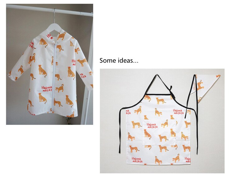 May include: White hooded jacket with a zipper closure and a leopard print pattern. The jacket has the text "Hajuma maita" repeated on it.