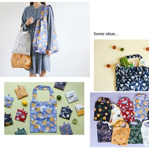 May include: A collection of reusable shopping bags with various patterns, including lemons, flowers, and geometric designs. Some bags are folded, while others are filled with groceries. The text "Some ideas..." is visible in the image.