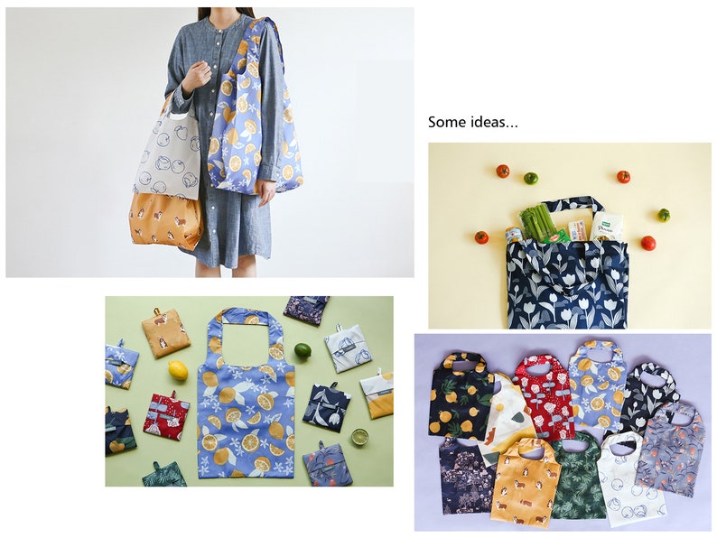 May include: A collection of reusable shopping bags with various patterns, including lemons, flowers, and geometric designs. Some bags are folded, while others are filled with groceries. The text "Some ideas..." is visible in the image.