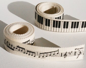 Ruban de coton à imprimé touches de piano et portées, 2,5 cm de large