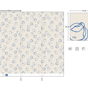 May include: A wallpaper pattern with a repeating design of blue apples on a cream background. The wallpaper is sold in panels that are 45 inches wide and 145 inches tall. The pattern is also available in a smaller repeat for a 5 inch by 5 inch tile.