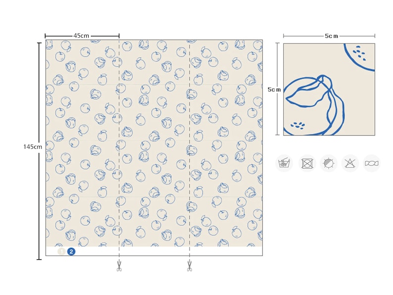 May include: A wallpaper pattern with a repeating design of blue apples on a cream background. The wallpaper is sold in panels that are 45 inches wide and 145 inches tall. The pattern is also available in a smaller repeat for a 5 inch by 5 inch tile.
