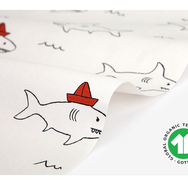 Organic Cotton Fabric Shark Print / Stylish Dailylike Korean Fabric By Pre-cut 0.5 Half Yard