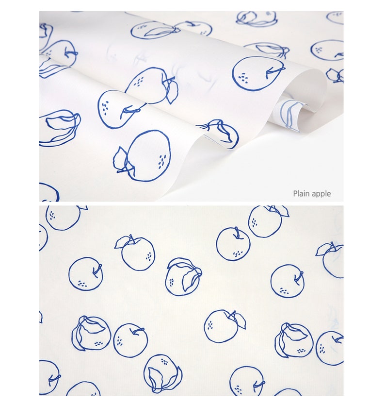 May include: White fabric with a blue apple pattern. The apples are outlined in blue and have a dotted texture. The text "Plain apple" is printed in the bottom right corner.
