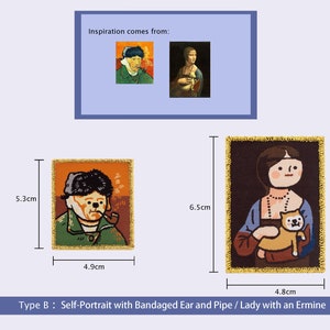 Peut inclure: Deux patchs brod&eacute;s inspir&eacute;s de peintures c&eacute;l&egrave;bres. Le premier patch est un autoportrait de Vincent van Gogh avec une oreille band&eacute;e et une pipe. Le deuxi&egrave;me patch est une repr&eacute;sentation de la Dame &agrave; l'hermine, tenant un petit chien.