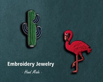 Broche à broder Zardozi : broche chic en forme de cactus ou de flamant rose, badge fait main