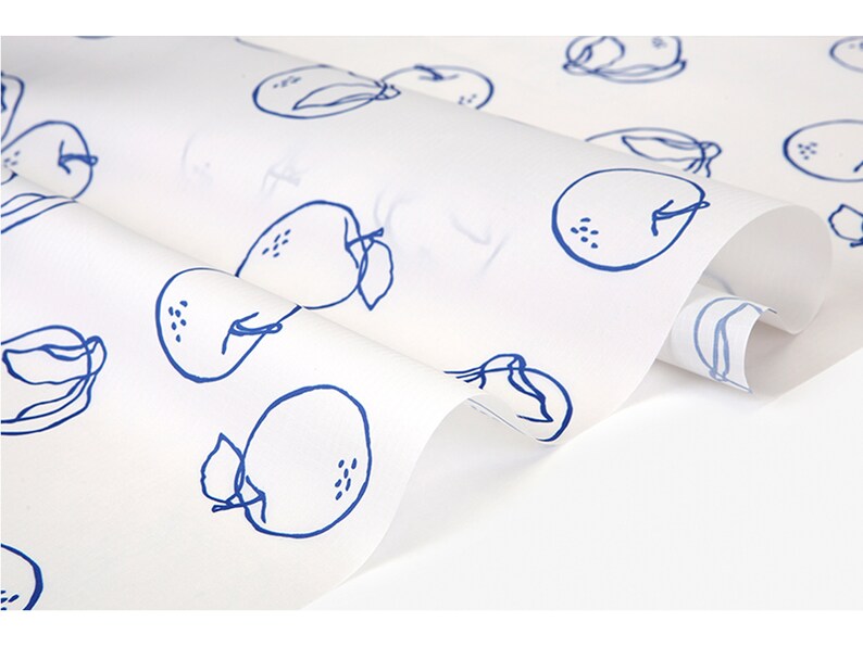 May include: White wrapping paper with a repeating pattern of blue hand-drawn oranges. The oranges are outlined in blue and have small dots inside.
