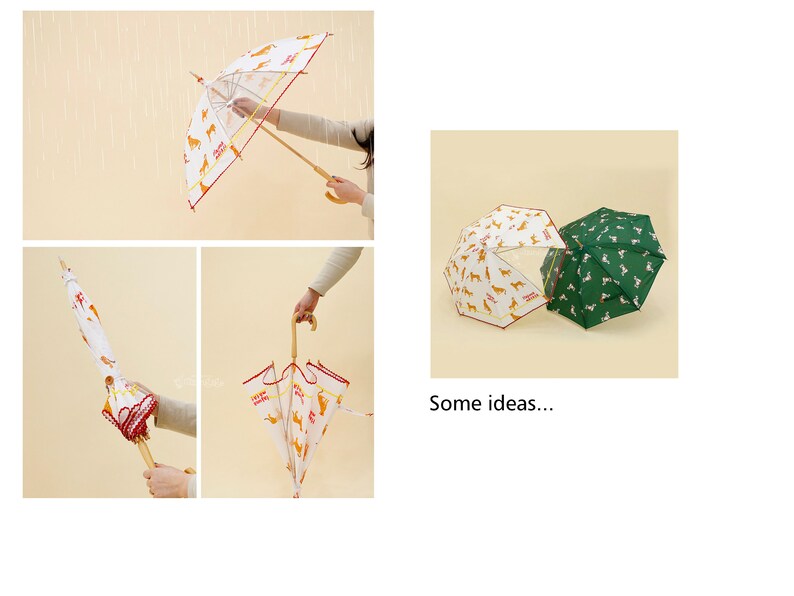 May include: Four different views of umbrellas with a dog print design. The umbrellas are white with red trim and feature a yellow dog print. One umbrella is green with a white dog print. The umbrellas are closed and open.