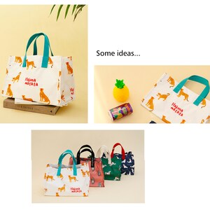 May include: A set of five white tote bags with a cheetah print and the text "Hajima maita" in red and orange. The bags have teal handles and are displayed on a light yellow surface. Some ideas... is written in black text on a white background.