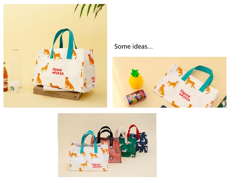 May include: A set of five white tote bags with a cheetah print and the text "Hajima maita" in red and orange. The bags have teal handles and are displayed on a light yellow surface. Some ideas... is written in black text on a white background.