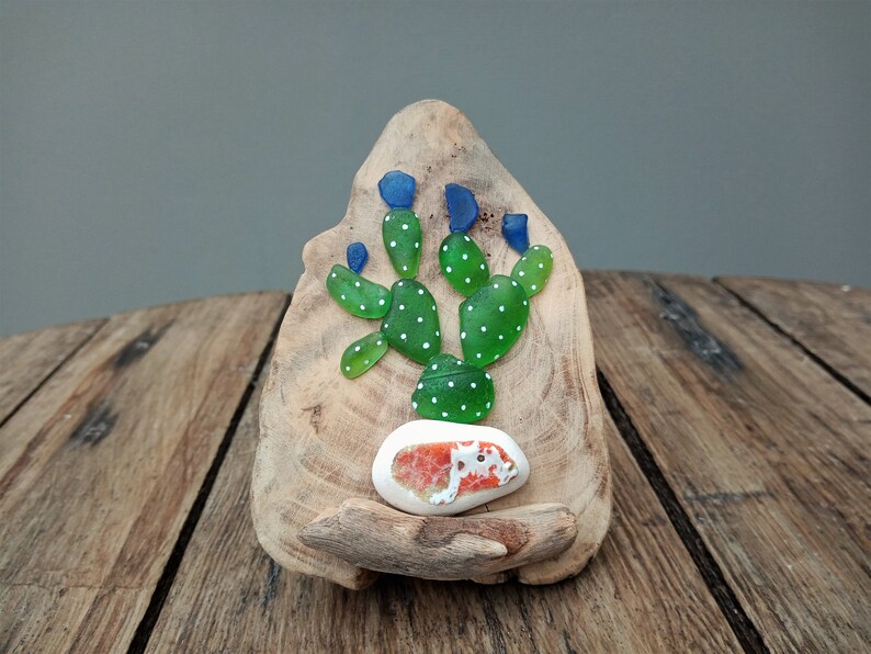 Sea Glass Cactus on Driftwood (paperweight/table decor)