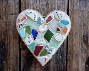 one of a kind Heart sea glass inspired blue and white tumbled pottery pendant beach pottery heart
