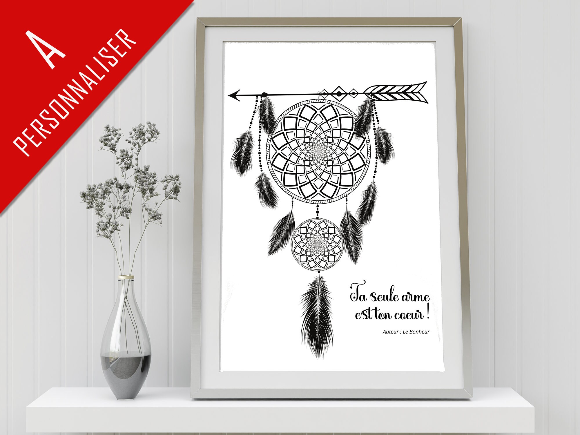 Magnifique Poster Positif avec Son Attrape Rêve en Forme de Mandala à Personnaliser Votre Citation P