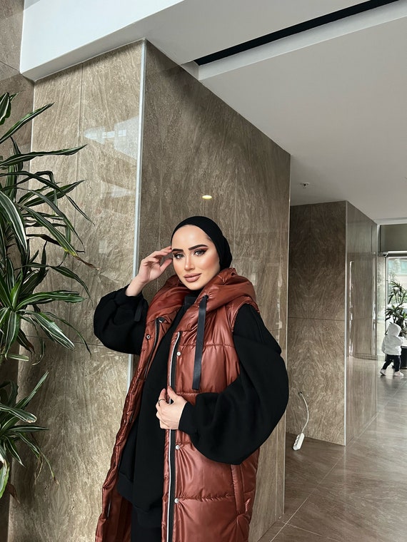 womens puffer vest brown