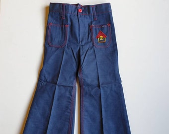 Kids 70s Deadstock Vintage Dark Blue Denim Flares!  Cute Embroidery Size 8