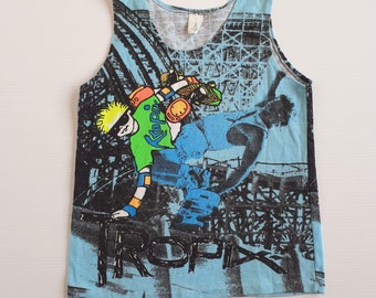 Size 6 80s Kids Vintage Skateboard Surf Tank Top -  Blue Graphic Print