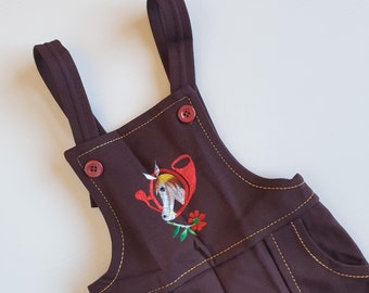 Size 1 70s Deadstock Brown Overalls Vintage Kids Toddler Western Style Unworn and in Mint conditon. Horse Embroidery.