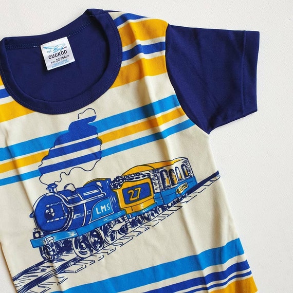 Kids 70s Deadstock Vintage Blue Train T Shirt Mul… - image 2