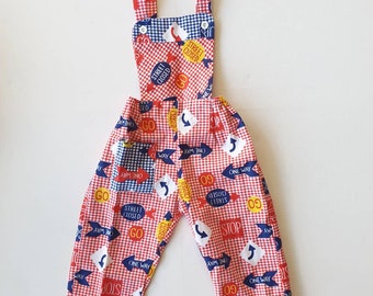 Size 1-2 Kids 70s Deadstock Overalls Cotton Dungarees Red