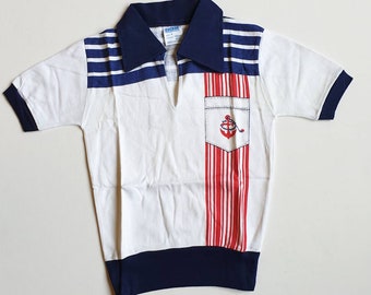 Kids 70s Deadstock Vintage Blue White Nautical T Shirt Size 10