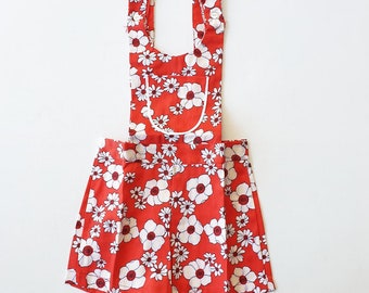 Size 7 70s Deadstock Kids Vintage Playsuit Red Flower Power Overalls