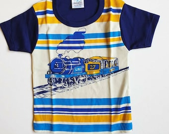 Kids 70s Deadstock Vintage Blue Train T Shirt Multiple Sizes