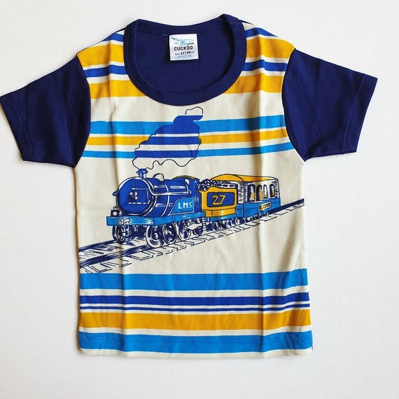 Kids 70s Deadstock Vintage Blue Train T Shirt Mul… - image 1