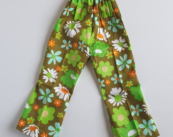 Kids 70s Deadstock Vintage Green Flower Power Flares! Size 8