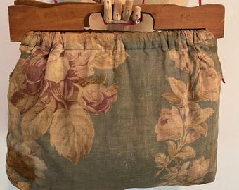 cotton floral bag with wooden handle, 1930's,