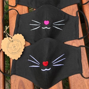 Cat face embroidered face mask, Cat whiskers face cover, Whiskers face mask.