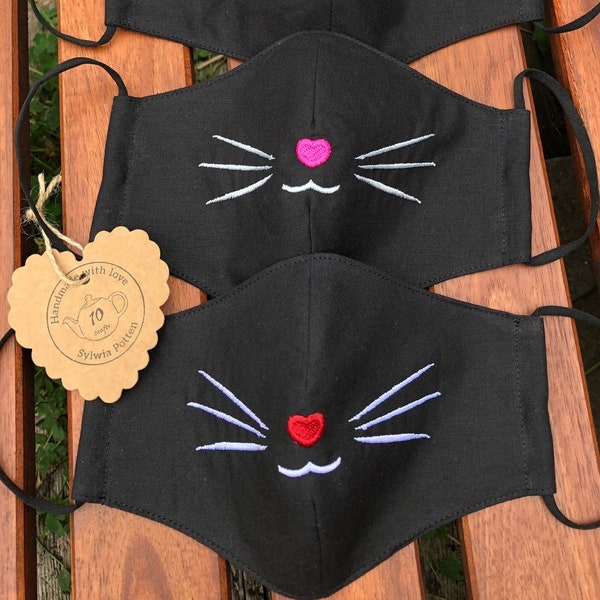 Cat face embroidered face mask, Cat whiskers face cover, Whiskers face mask.