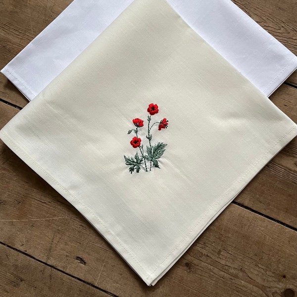 Embroidered handkerchief , Poppies hanky, Red flowers cotton handkerchief,  embroidered flowers hanky, Poppy gift idea,