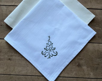Embroidered cotton napkins, Christmas tree pattern napkins, White cotton table wear, Gift idea, Christmas napkins, New home gift idea,