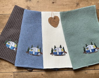 Embroidered Caravan Tea Towels, Cotton Tea Towels, Absorbent Cotton Tea Towels.