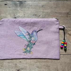 Hummingbird zip pouch, Accessories, Linen embroidered clutch, Hummingbird gift idea, Gift idea, Birthday gift idea, Embroidered clutch bag,