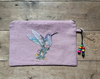 Hummingbird zip pouch, Accessories, Linen embroidered clutch, Hummingbird gift idea, Gift idea, Birthday gift idea, Embroidered clutch bag,
