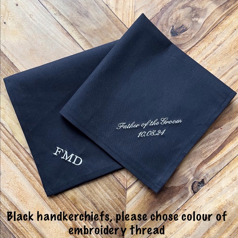Black cotton handkerchiefs, Personalised handkerchief, Embroidered handkerchief, Custom hanky, Cotton handkerchief, Memorable handkerchief image 1
