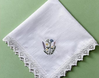 Wild flowers handkerchief with lace, White cotton hanky