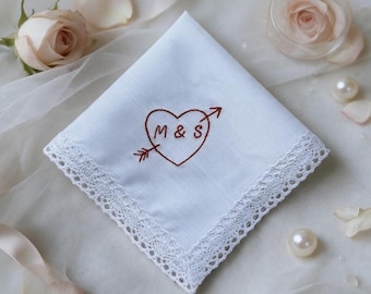 Heart Personalised Handkerchief with delicate lace - Keepsake Gift - Pocket Square 10 inch