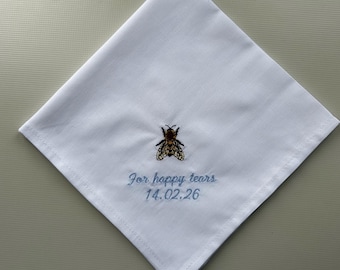 Bee Bespoke Embroidered Handkerchief, Personalised Cotton Hanky